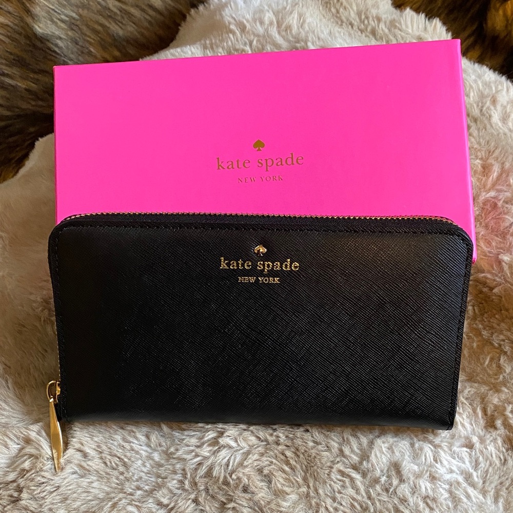 kate spade Black Leather Zip-Around Continental Wallet with Gold Logo